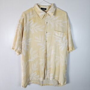 Nautica Shirt Men's XL Yellow White Floral Linen Blend Button Up‎ Short Sleeve